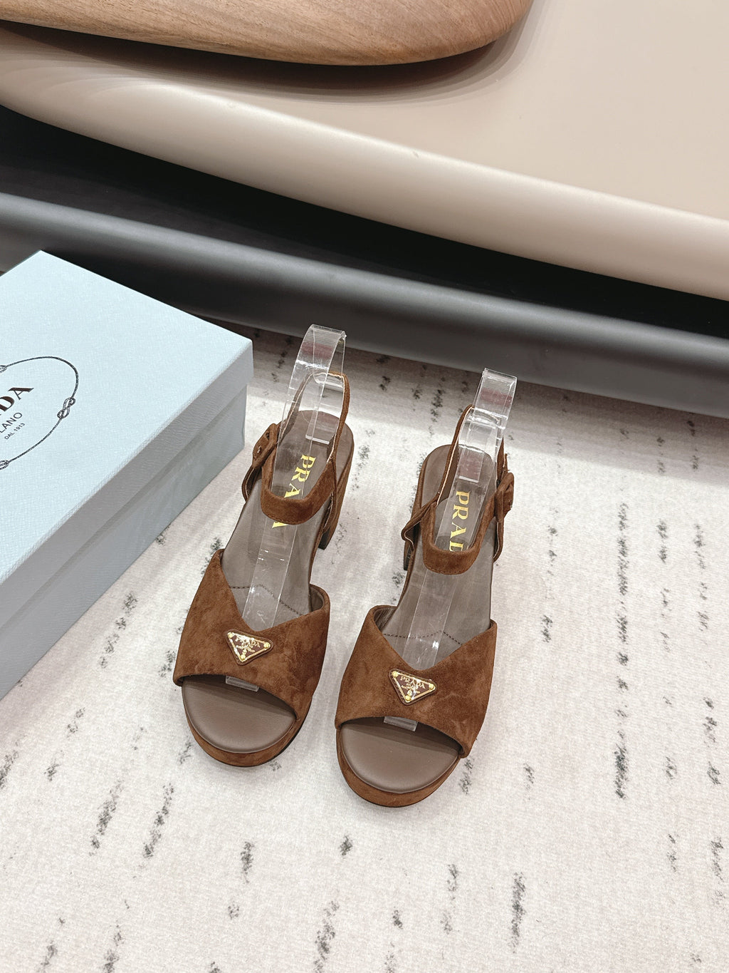 PRADA 26S HEELED SANDALS 75MM IN CARAMEL BROWN SUEDE WITH LOGO