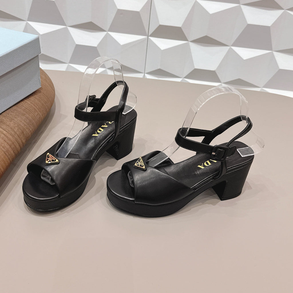 PRADA 26S HEELED SANDALS 75MM IN BLACK CALFSKIN WITH LOGO