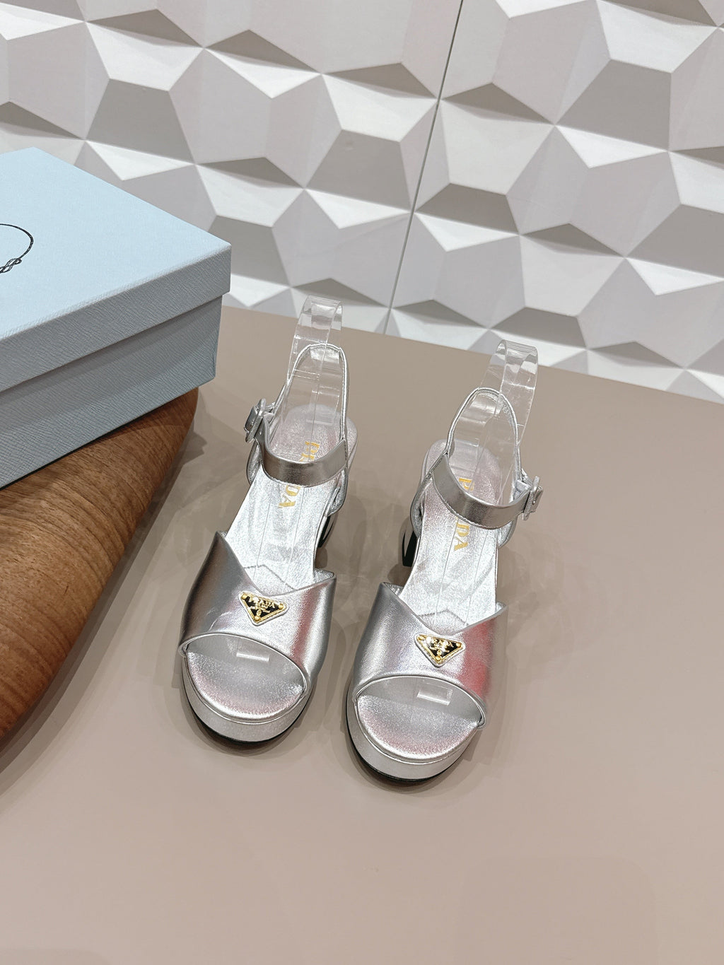 PRADA 26S HEELED SANDALS 75MM IN SILVER CALFSKIN WITH LOGO