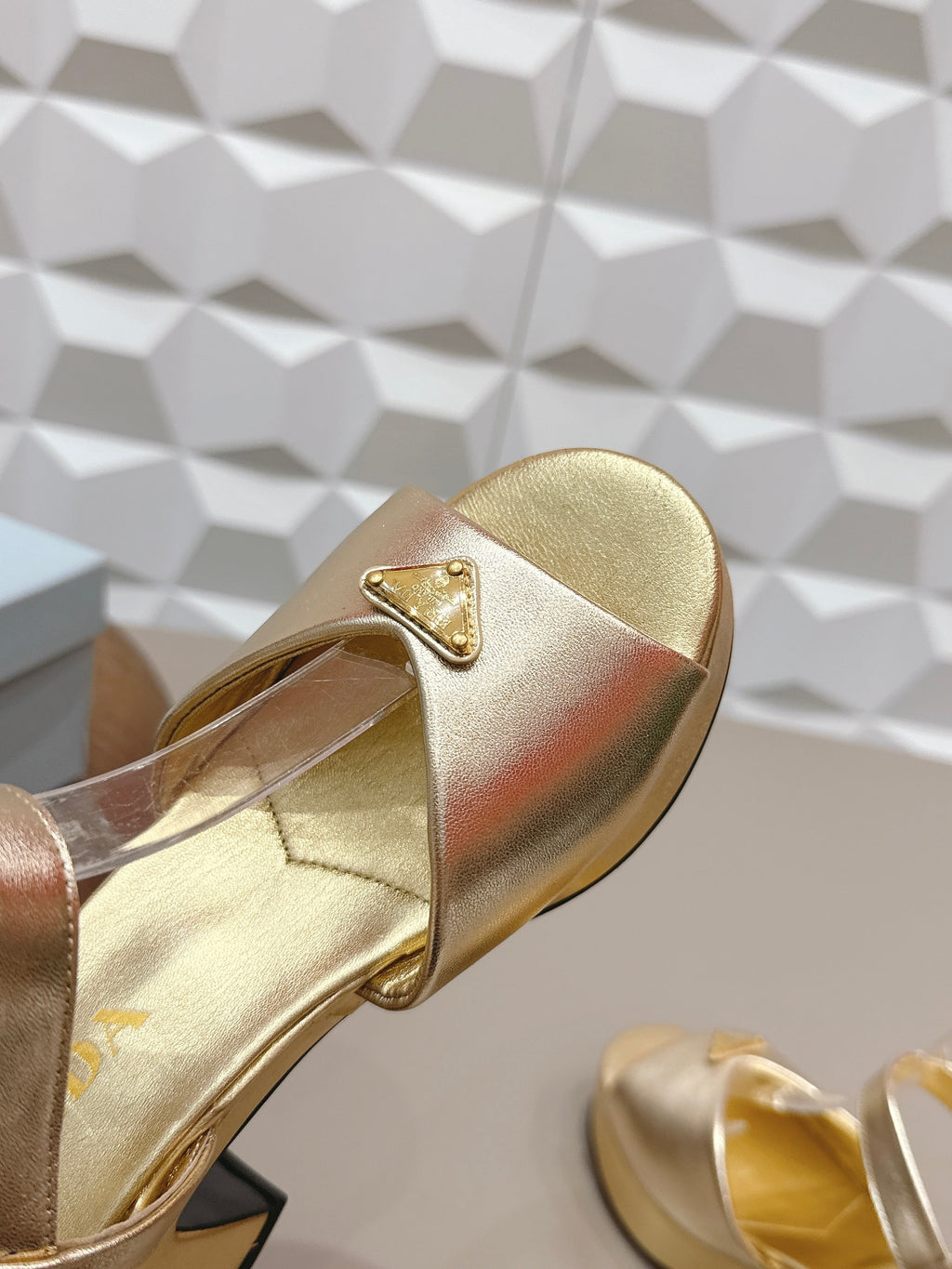 PRADA 26S HEELED SANDALS 75MM IN GOLD CALFSKIN WITH LOGO