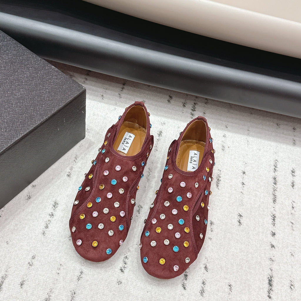 ALAIA 26S EMBELLISHED FLATS IN BROWN SUEDE