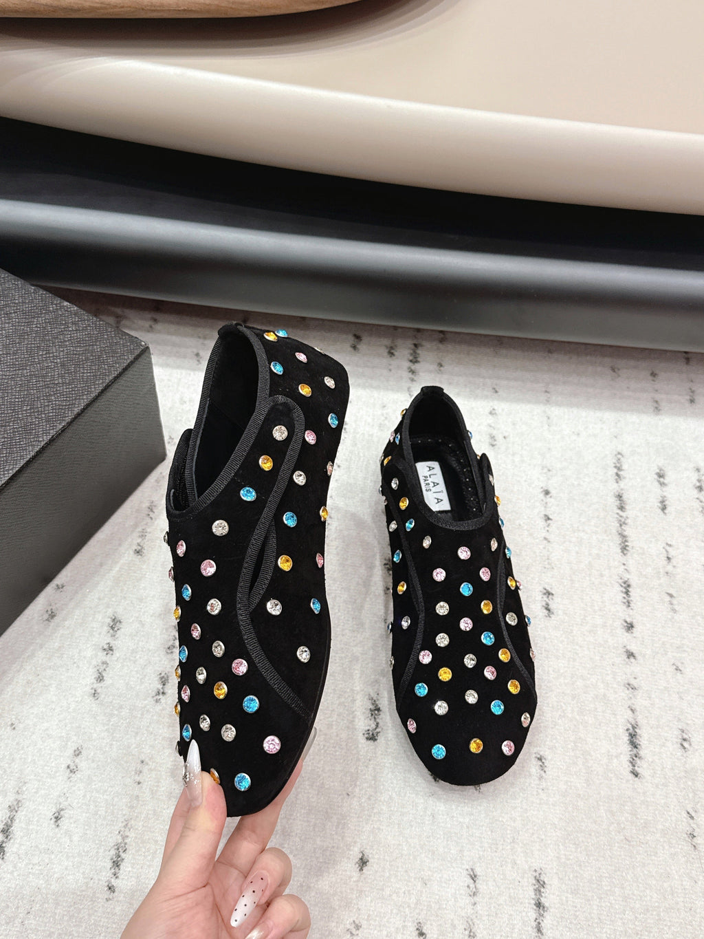 ALAIA 26S EMBELLISHED FLATS IN BLACK SUEDE