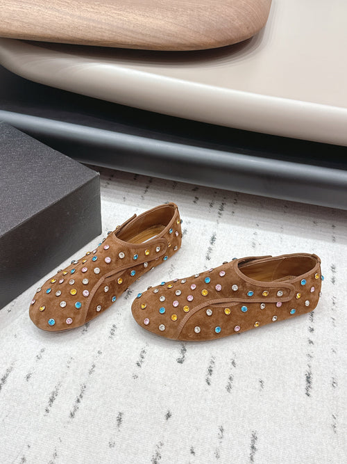 ALAIA 26S EMBELLISHED FLATS IN LIGHT BROWN SUEDE
