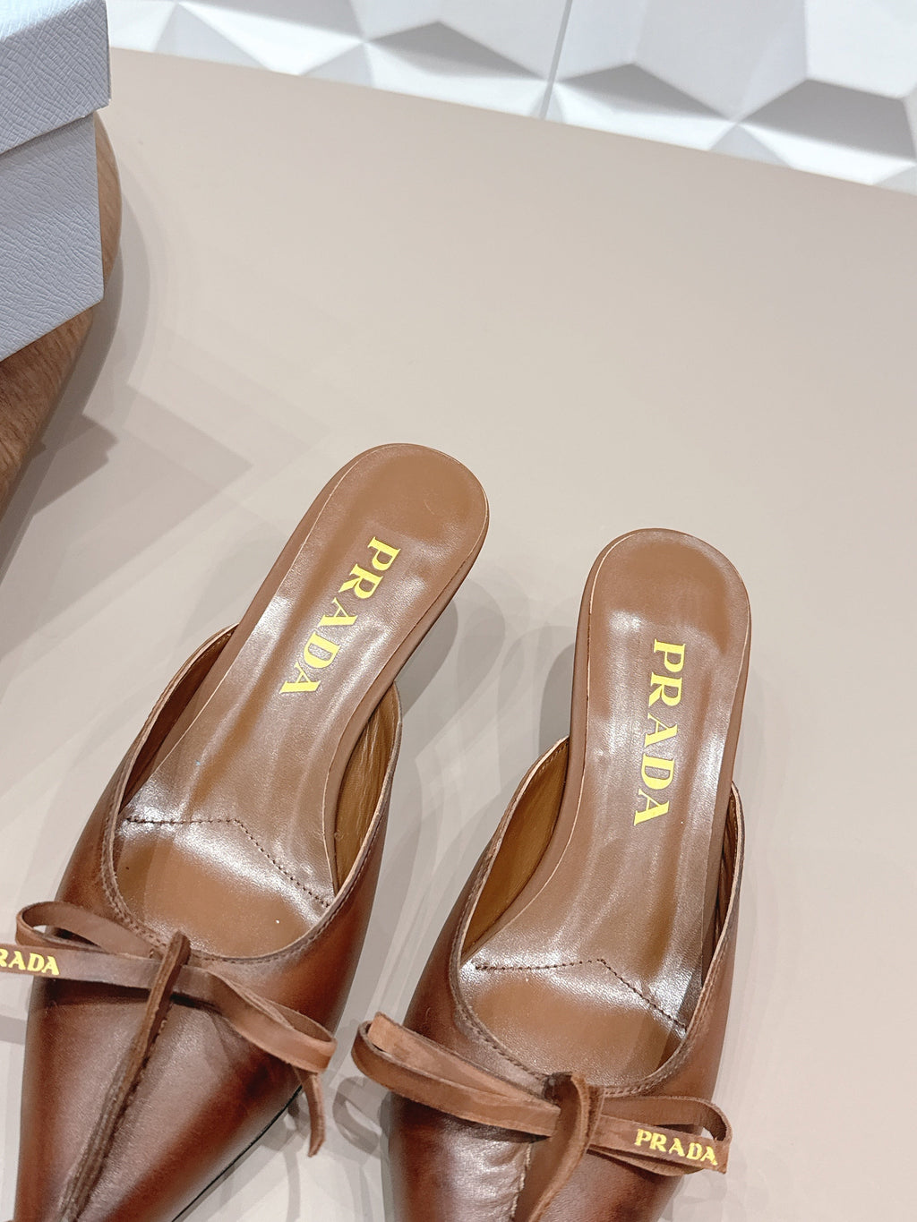PRADA 26S POINTED TOE LACE TRIM MULES 55MM IN BROWN CALFSKIN WITH BOW