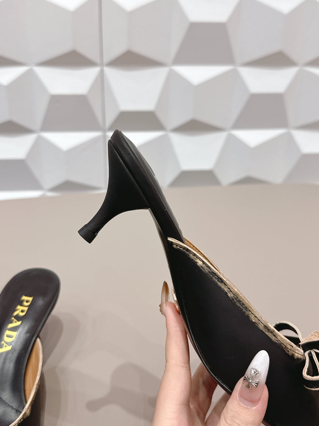 PRADA 26S POINTED TOE LACE TRIM MULES 55MM IN BLACK CALFSKIN WITH BOW