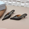 PRADA 26S POINTED TOE LACE TRIM MULES 55MM IN BLACK CALFSKIN