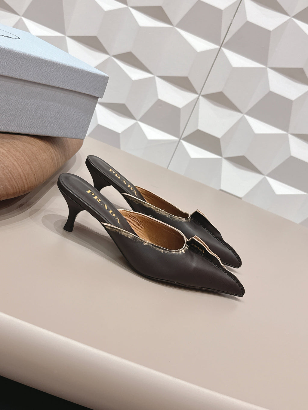 PRADA 26S POINTED TOE LACE TRIM MULES 55MM IN BLACK CALFSKIN