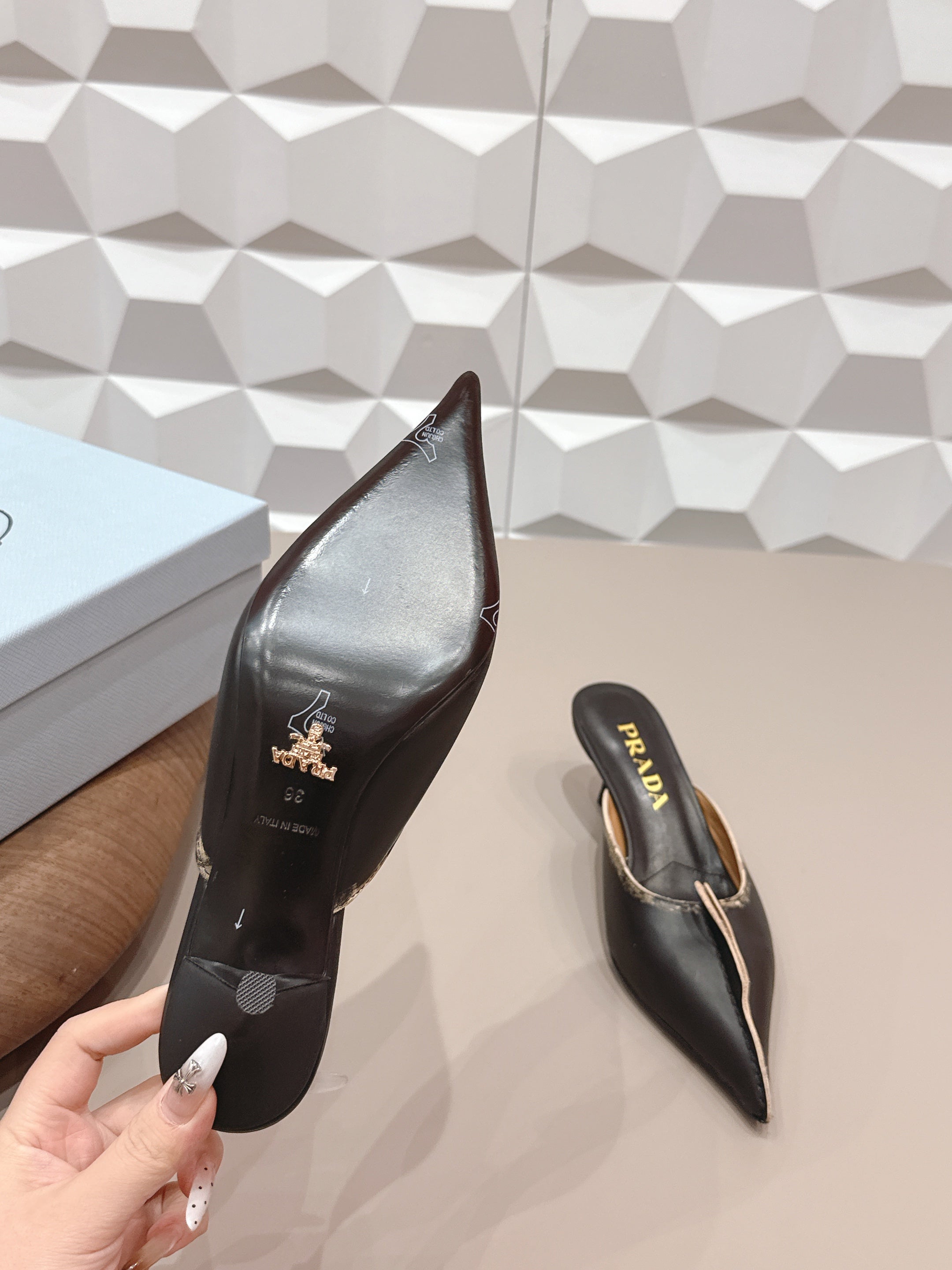 PRADA 26S POINTED TOE LACE TRIM MULES 55MM IN BLACK CALFSKIN