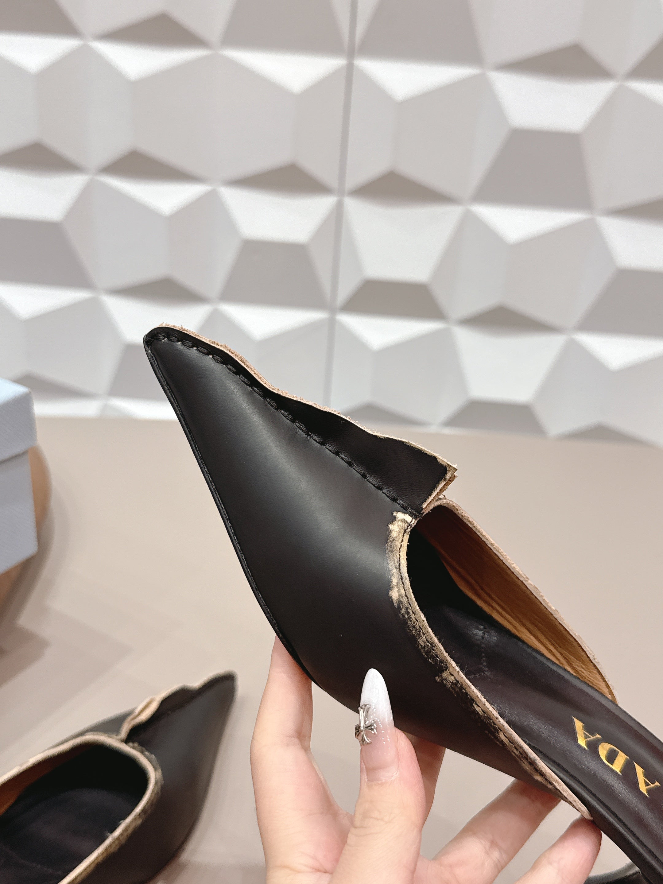 PRADA 26S POINTED TOE LACE TRIM MULES 55MM IN BLACK CALFSKIN