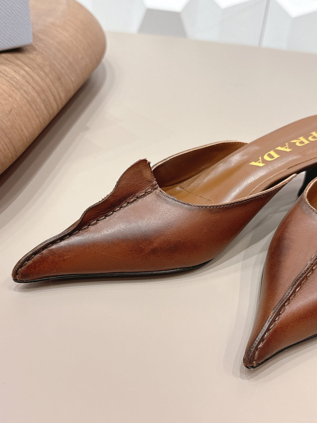 PRADA 26S POINTED TOE LACE TRIM MULES 55MM IN CARAMEL BROWN CALFSKIN