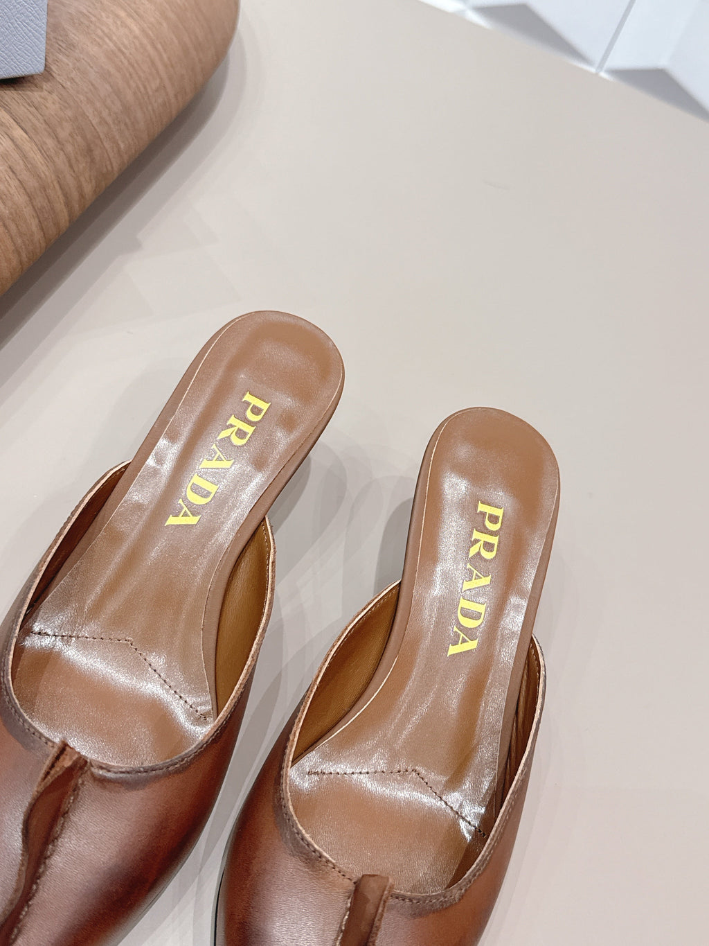 PRADA 26S POINTED TOE LACE TRIM MULES 55MM IN CARAMEL BROWN CALFSKIN