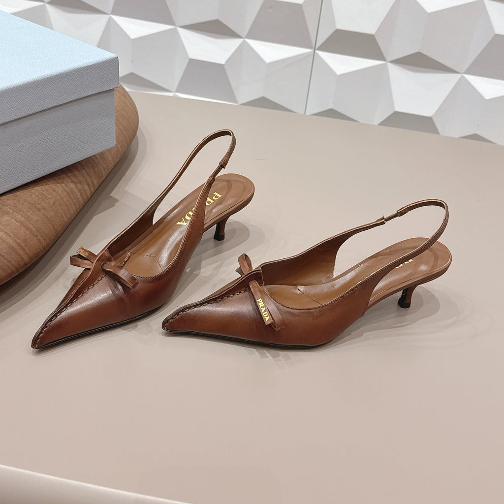 PRADA 26S POINTED TOE SLINGBACK HIGH HEELS 55MM IN BROWN CALFSKIN WITH BOW