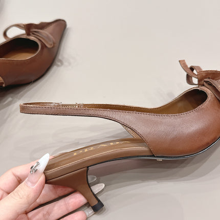 PRADA 26S POINTED TOE SLINGBACK HIGH HEELS 55MM IN BROWN CALFSKIN WITH BOW