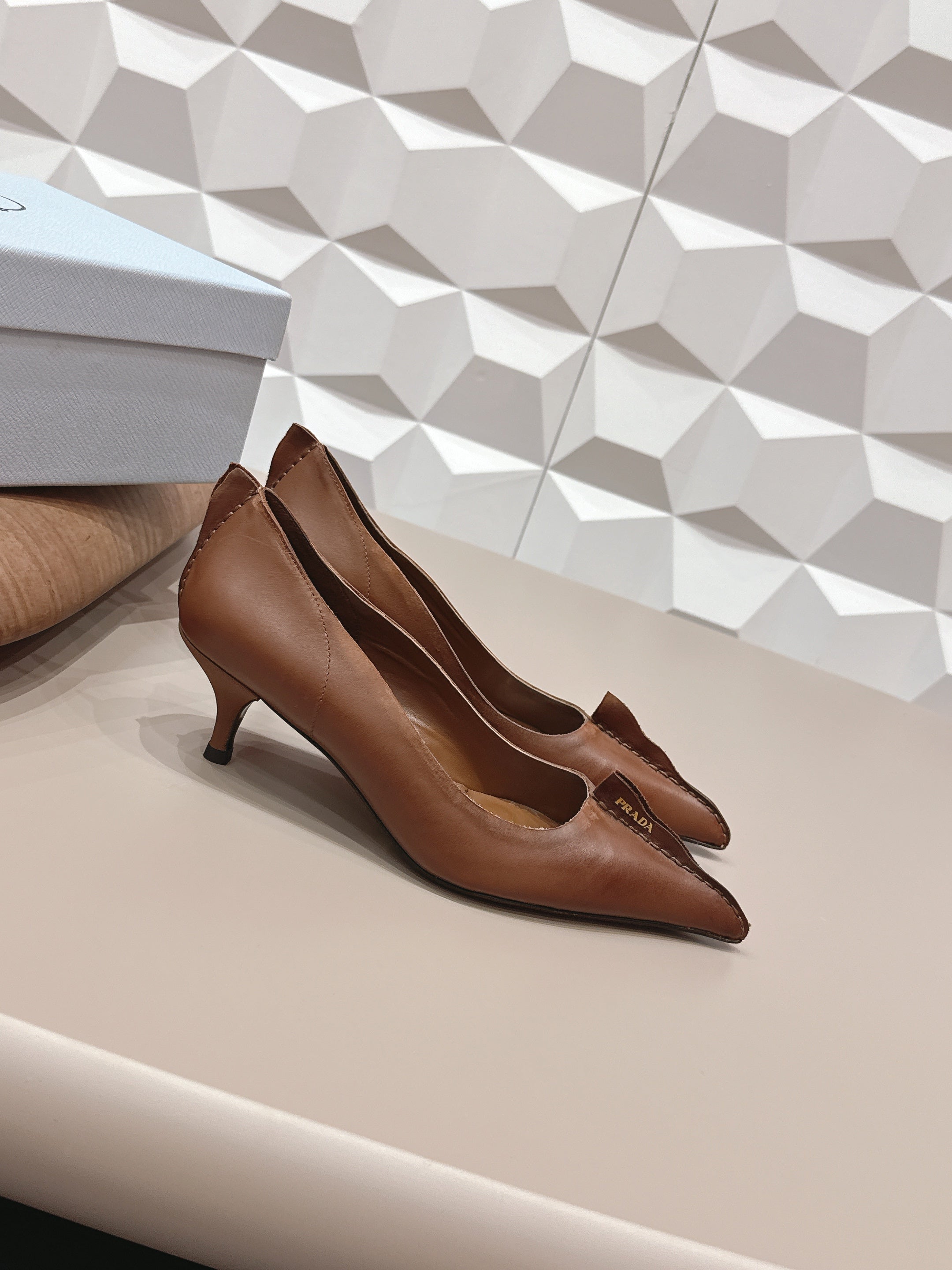 PRADA 26S POINTED TOE HIGH HEELS 55MM IN BROWN CALFSKIN