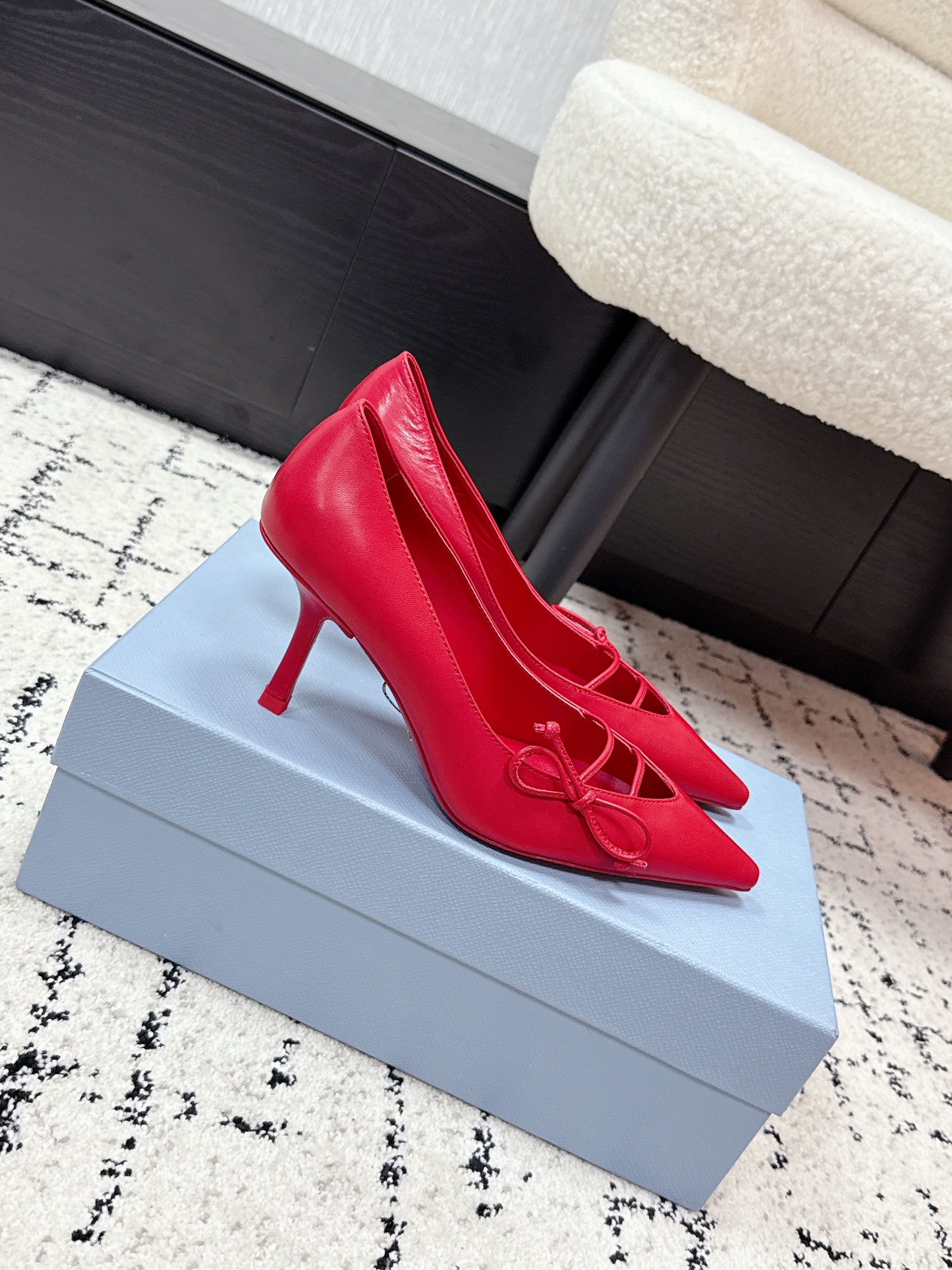 PRADA 26S POINTED-TOE HIGH HEELS 75MM IN DARK RED CALFSKIN