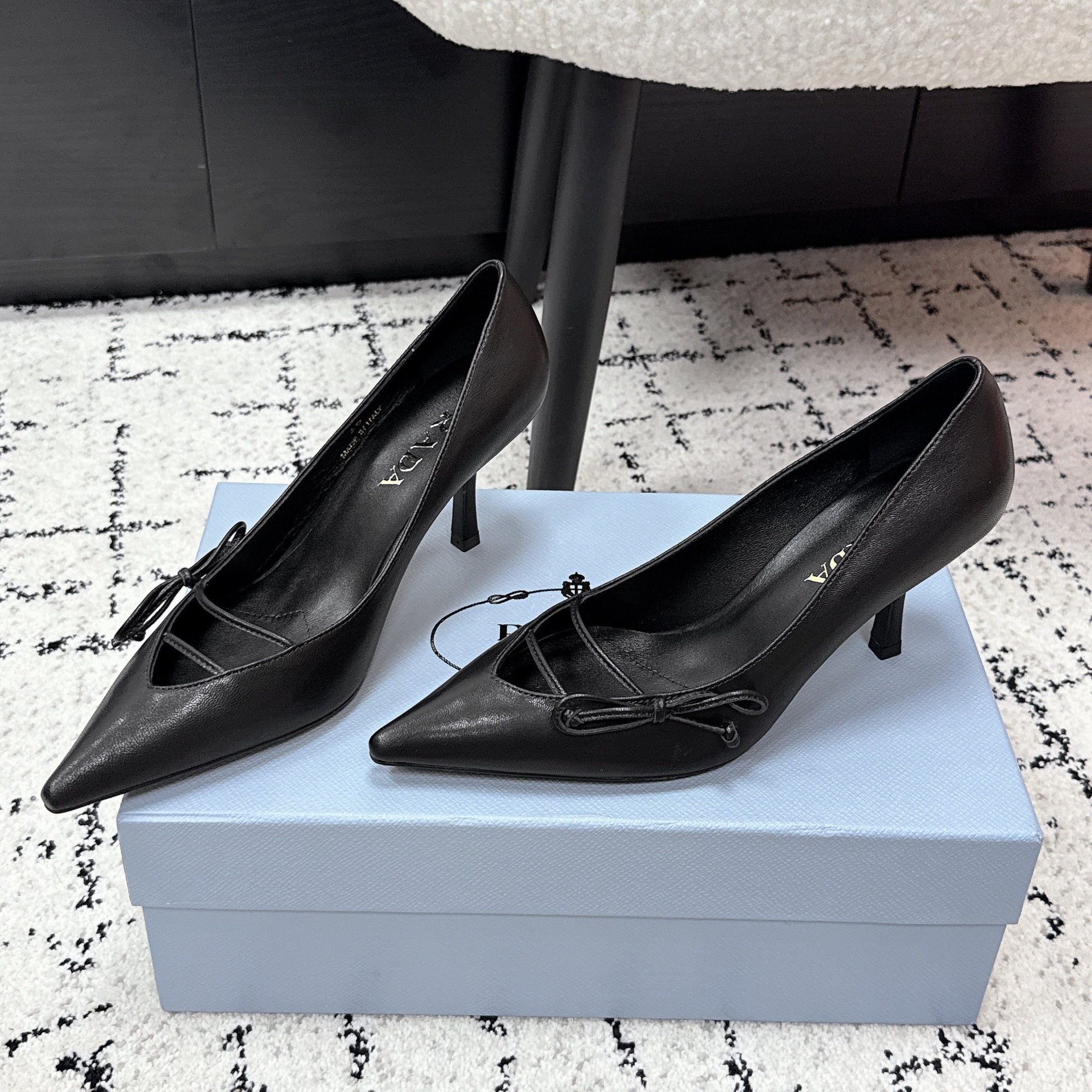 PRADA 26S POINTED-TOE HIGH HEELS 75MM IN BLACK CALFSKIN