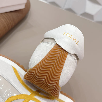 LOEWE 26S FLOW RUNNER SNEAKER IN WHITE YELLOW SUEDE AND CLEAR PLASTIC AND CALFSKIN