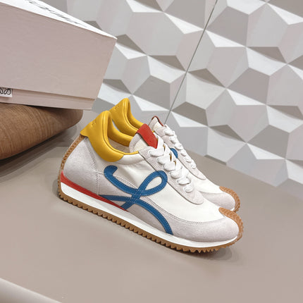 LOEWE 26S FLOW RUNNER SNEAKER IN LIGHT GRAY SUEDE YELLOW AND BLUE CALFSKIN