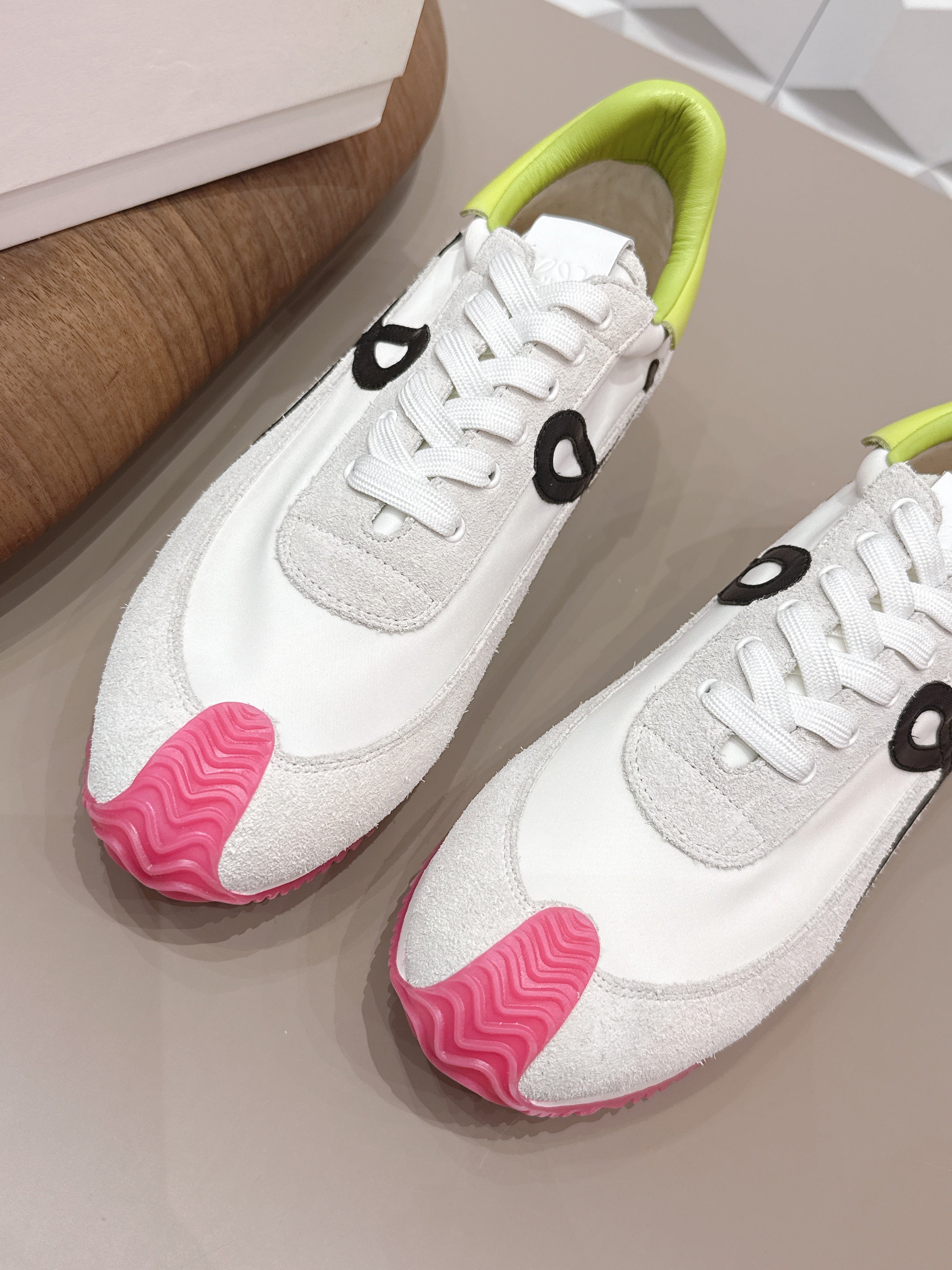 LOEWE 26S FLOW RUNNER SNEAKER IN LIGHT GRAY SUEDE AND LIME YELLOW AND BLACK CALFSKIN