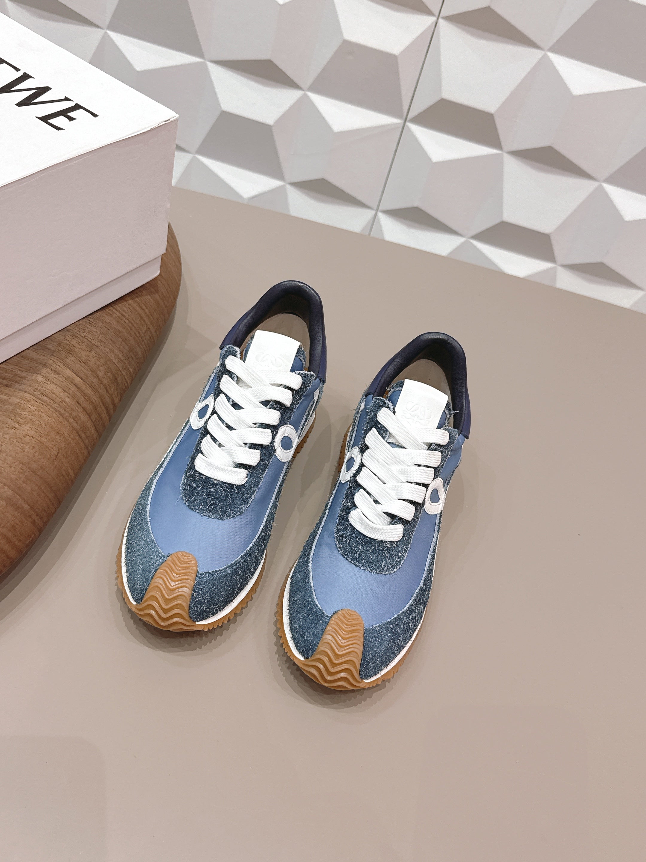 LOEWE 26S FLOW RUNNER SNEAKER IN SLATE BLUE SUEDE AND NAVY BLUE CALFSKIN