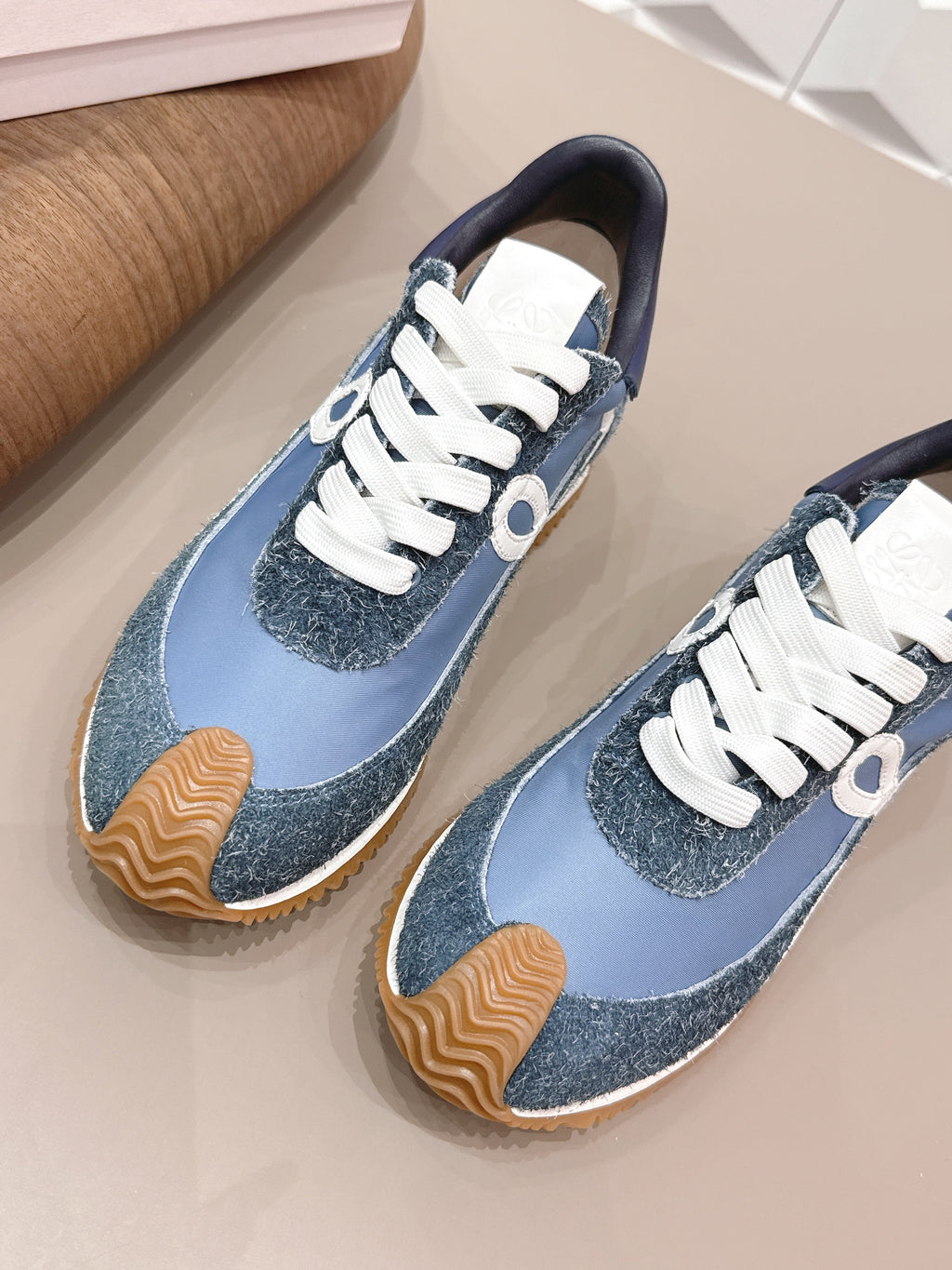 LOEWE 26S FLOW RUNNER SNEAKER IN SLATE BLUE SUEDE AND NAVY BLUE CALFSKIN