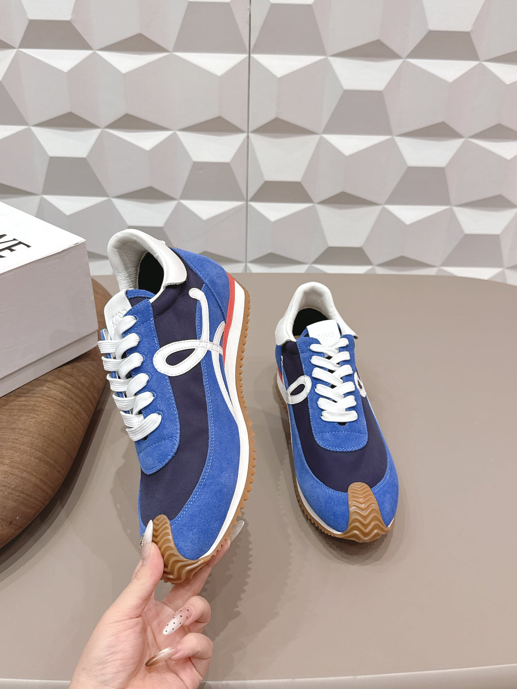 LOEWE 26S FLOW RUNNER SNEAKER IN BLUE SUEDE AND WHITE CALFSKIN