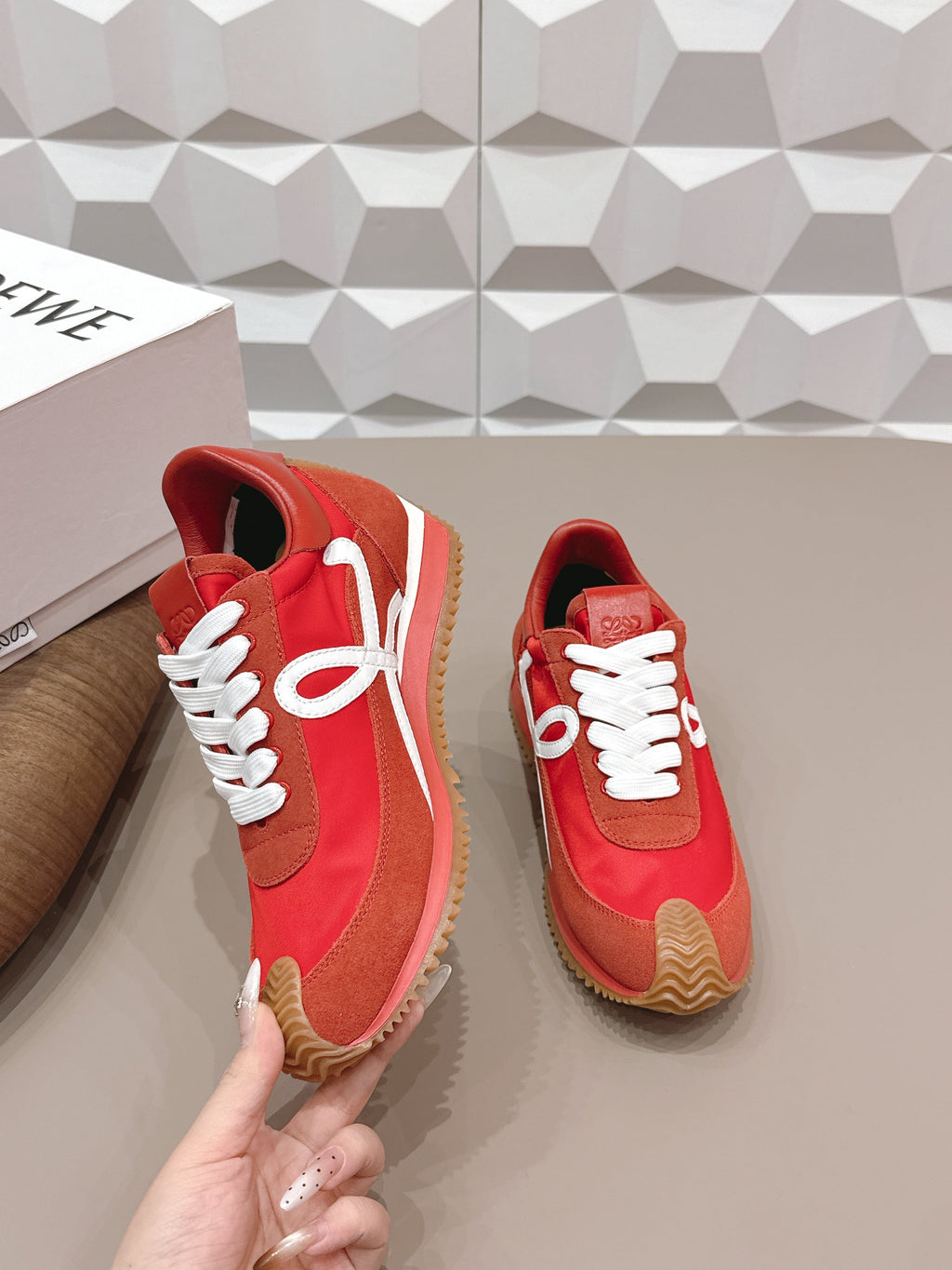 LOEWE 26S FLOW RUNNER SNEAKER IN RED SUEDE AND CALFSKIN