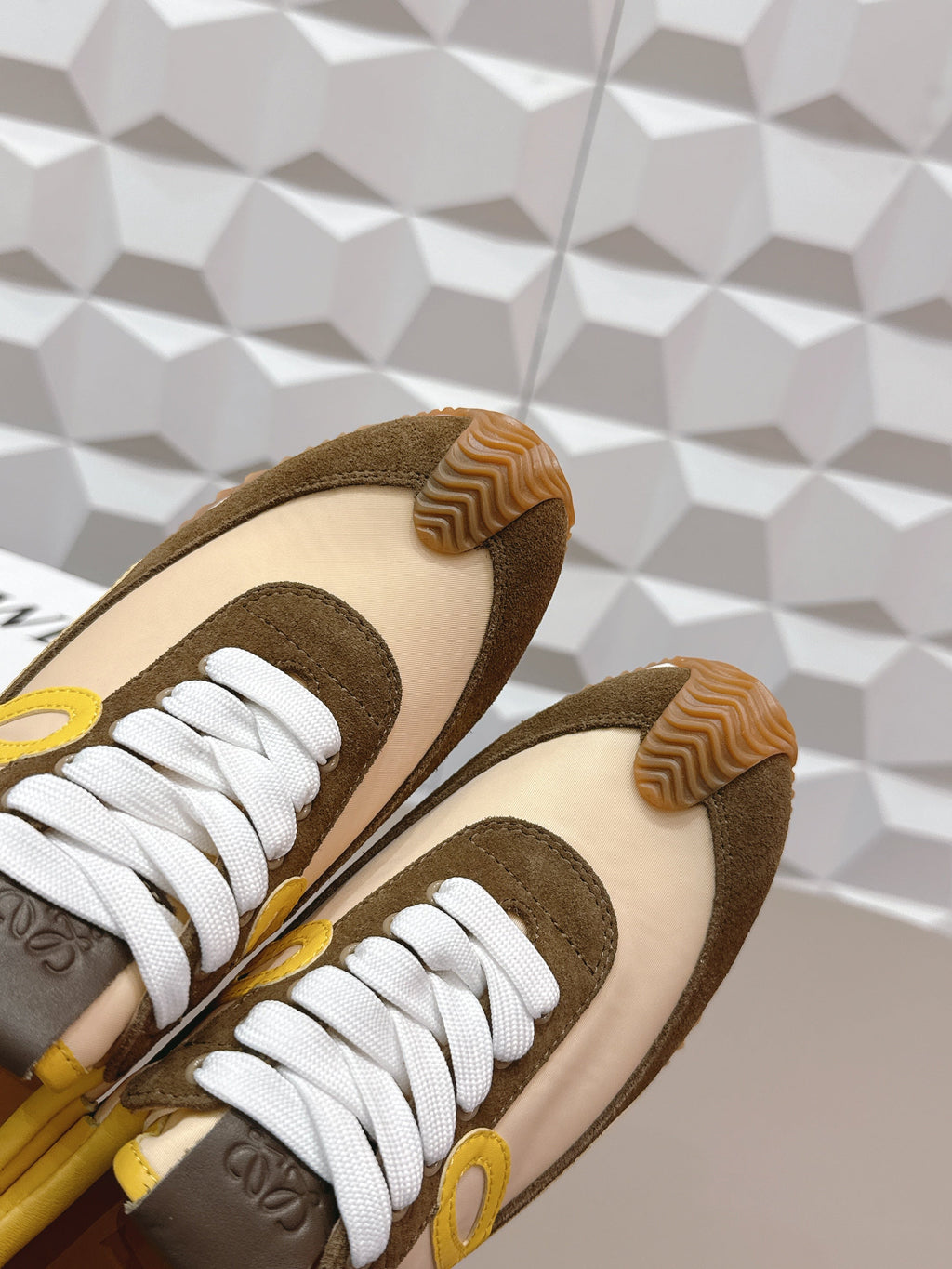 LOEWE 26S FLOW RUNNER SNEAKER IN DARK OLIVE BROWN SUEDE AND YELLOW CALFSKIN