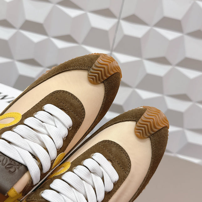 LOEWE 26S FLOW RUNNER SNEAKER IN DARK OLIVE BROWN SUEDE AND YELLOW CALFSKIN