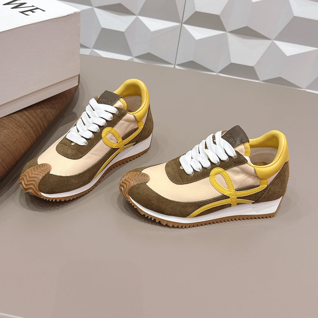 LOEWE 26S FLOW RUNNER SNEAKER IN DARK OLIVE BROWN SUEDE AND YELLOW CALFSKIN