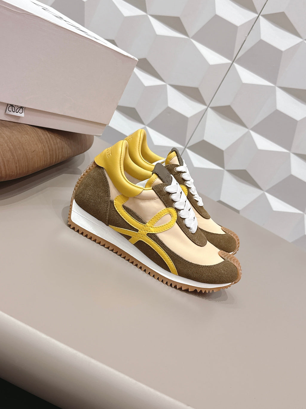 LOEWE 26S FLOW RUNNER SNEAKER IN DARK OLIVE BROWN SUEDE AND YELLOW CALFSKIN