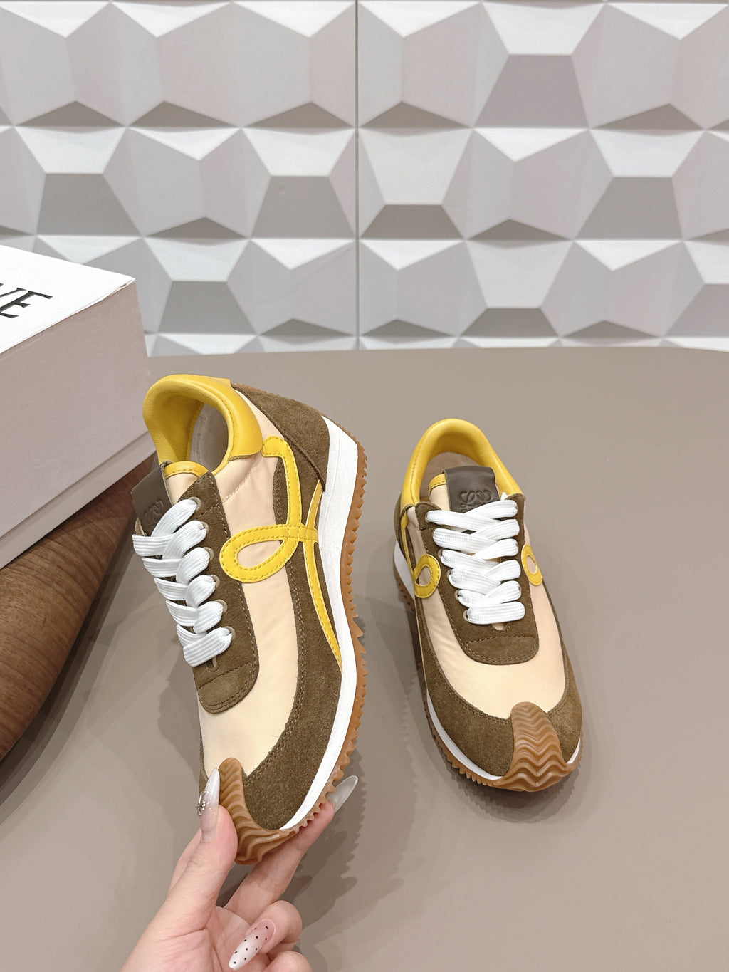 LOEWE 26S FLOW RUNNER SNEAKER IN DARK OLIVE BROWN SUEDE AND YELLOW CALFSKIN
