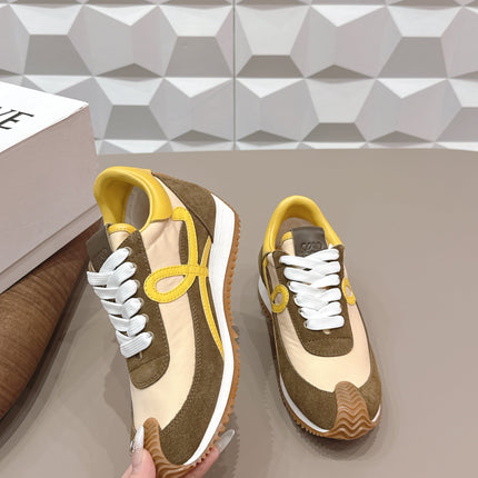 LOEWE 26S FLOW RUNNER SNEAKER IN DARK OLIVE BROWN SUEDE AND YELLOW CALFSKIN