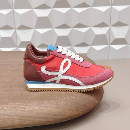 LOEWE 26S FLOW RUNNER SNEAKER IN DUSTY ROSE SUEDE AND DARK RED CALFSKIN