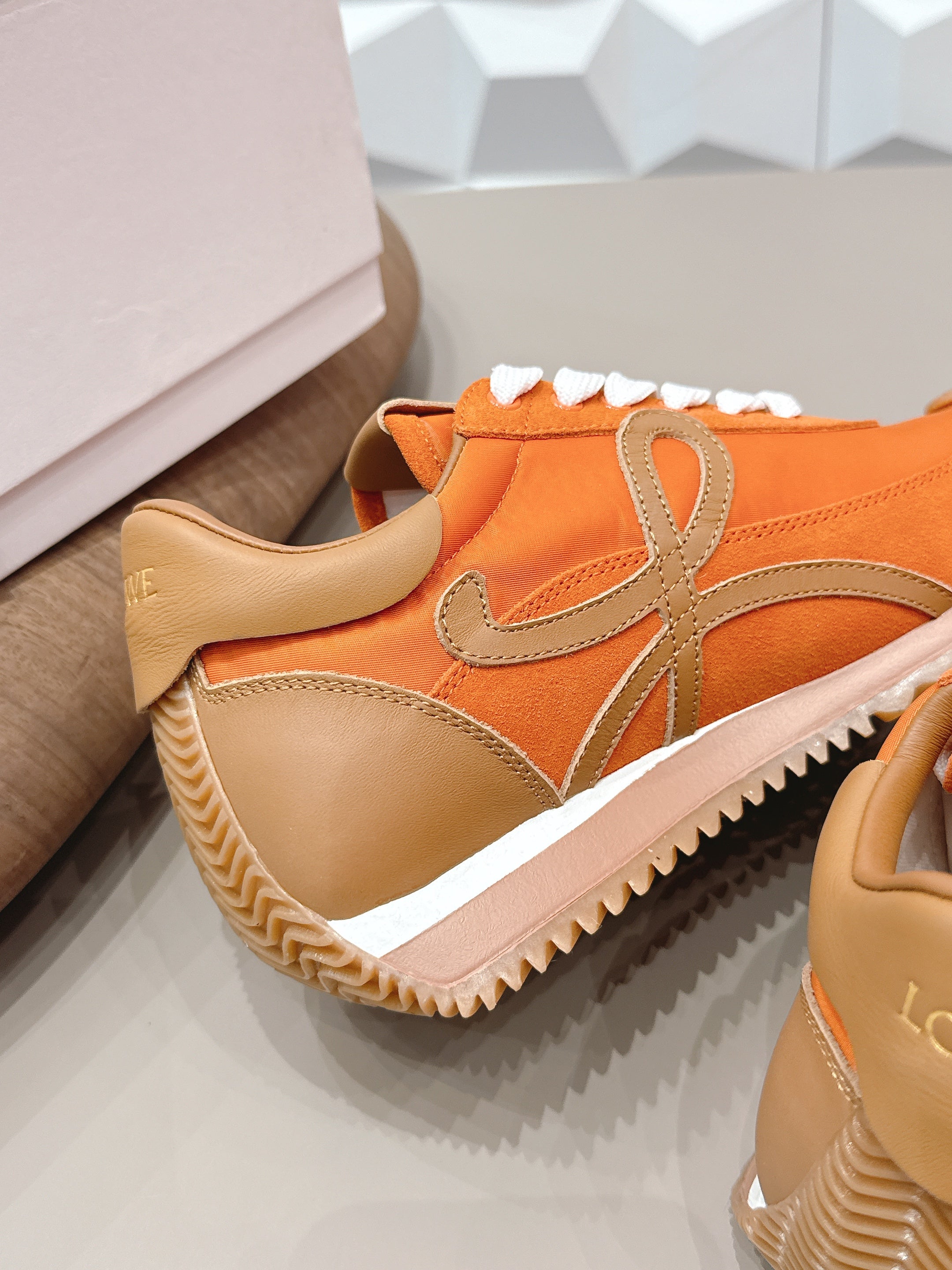 LOEWE 26S FLOW RUNNER SNEAKER IN ORANGE SUEDE AND BROWN CALFSKIN