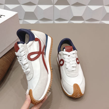 LOEWE 26S FLOW RUNNER SNEAKER IN LIGHT GRAY SUEDE AND NAVY BLUE AND RED CALFSKIN