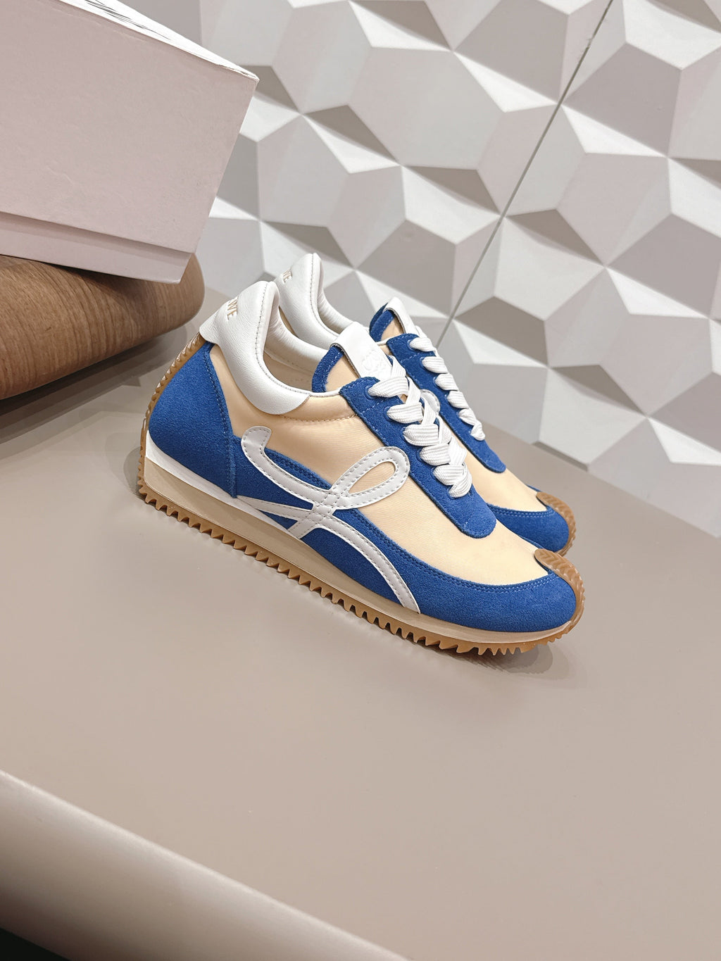 LOEWE 26S FLOW RUNNER SNEAKER IN BLUE AND NUDE SUEDE AND WHITE CALFSKIN