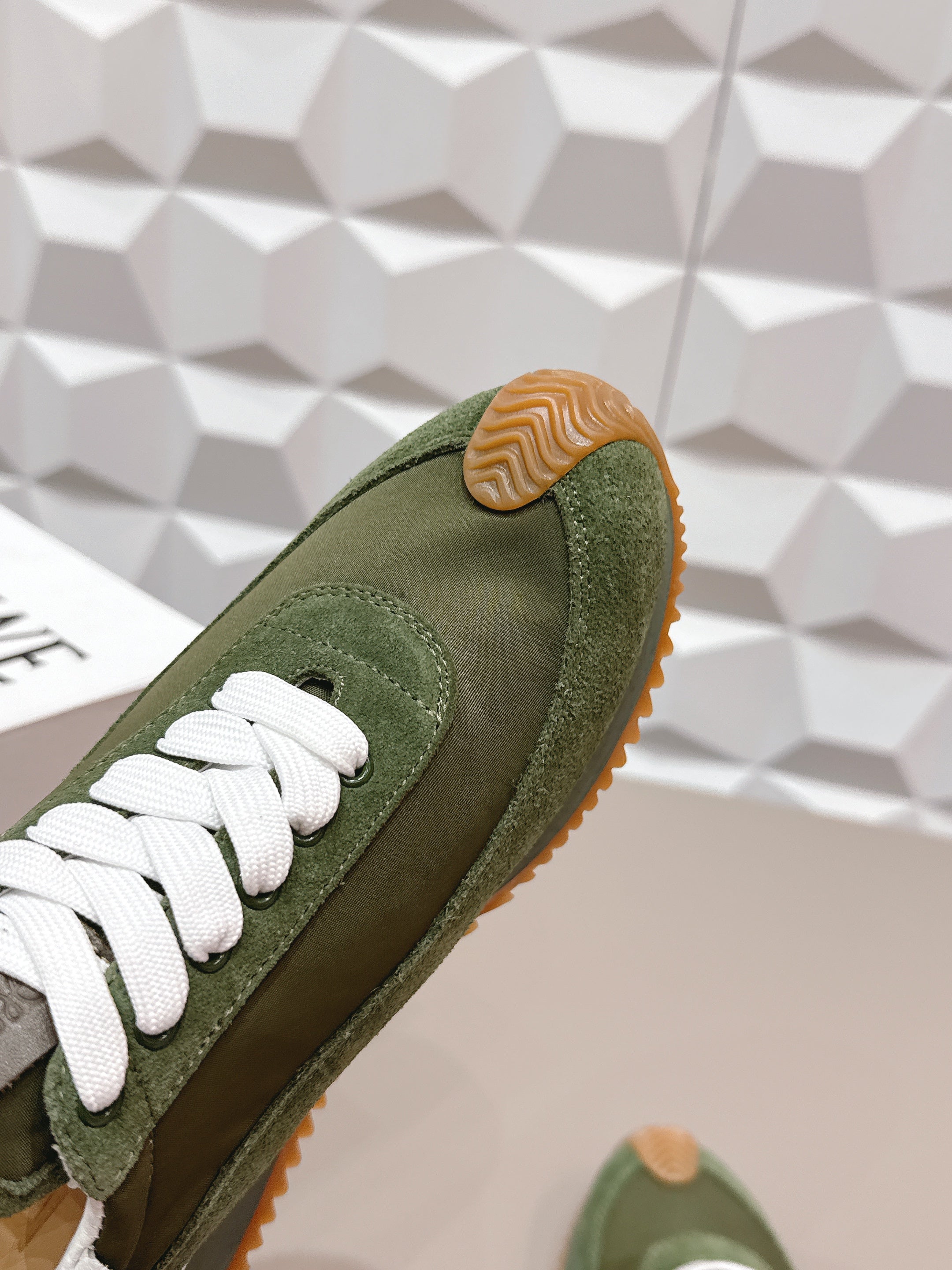 LOEWE 26S FLOW RUNNER SNEAKER IN DARK OLIVE GREEN SUEDE AND WHITE CALFSKIN