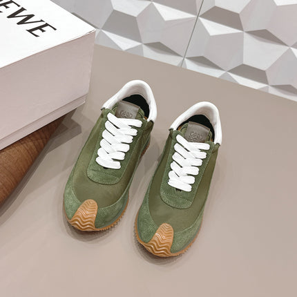 LOEWE 26S FLOW RUNNER SNEAKER IN DARK OLIVE GREEN SUEDE AND WHITE CALFSKIN