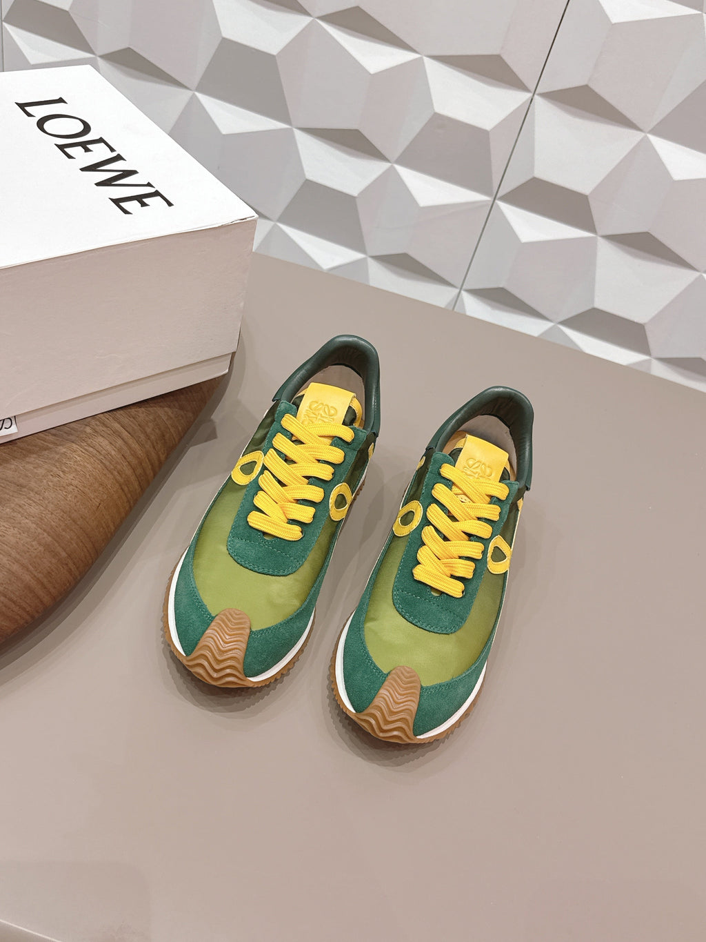 LOEWE 26S FLOW RUNNER SNEAKER IN GREEN AND YELLOW SUEDE AND CALFSKIN