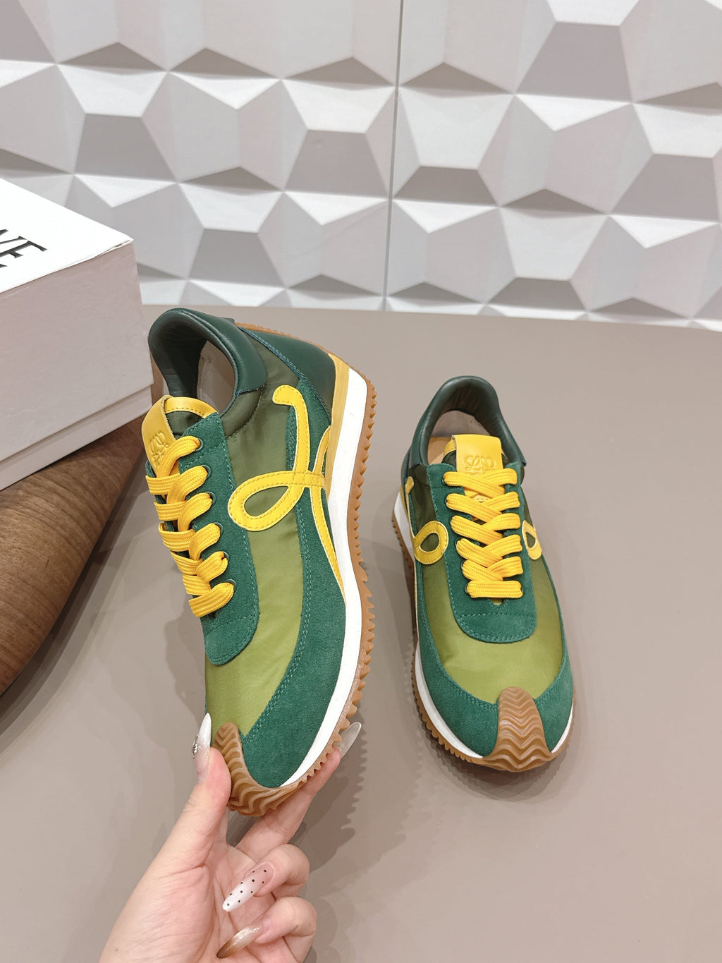LOEWE 26S FLOW RUNNER SNEAKER IN GREEN AND YELLOW SUEDE AND CALFSKIN