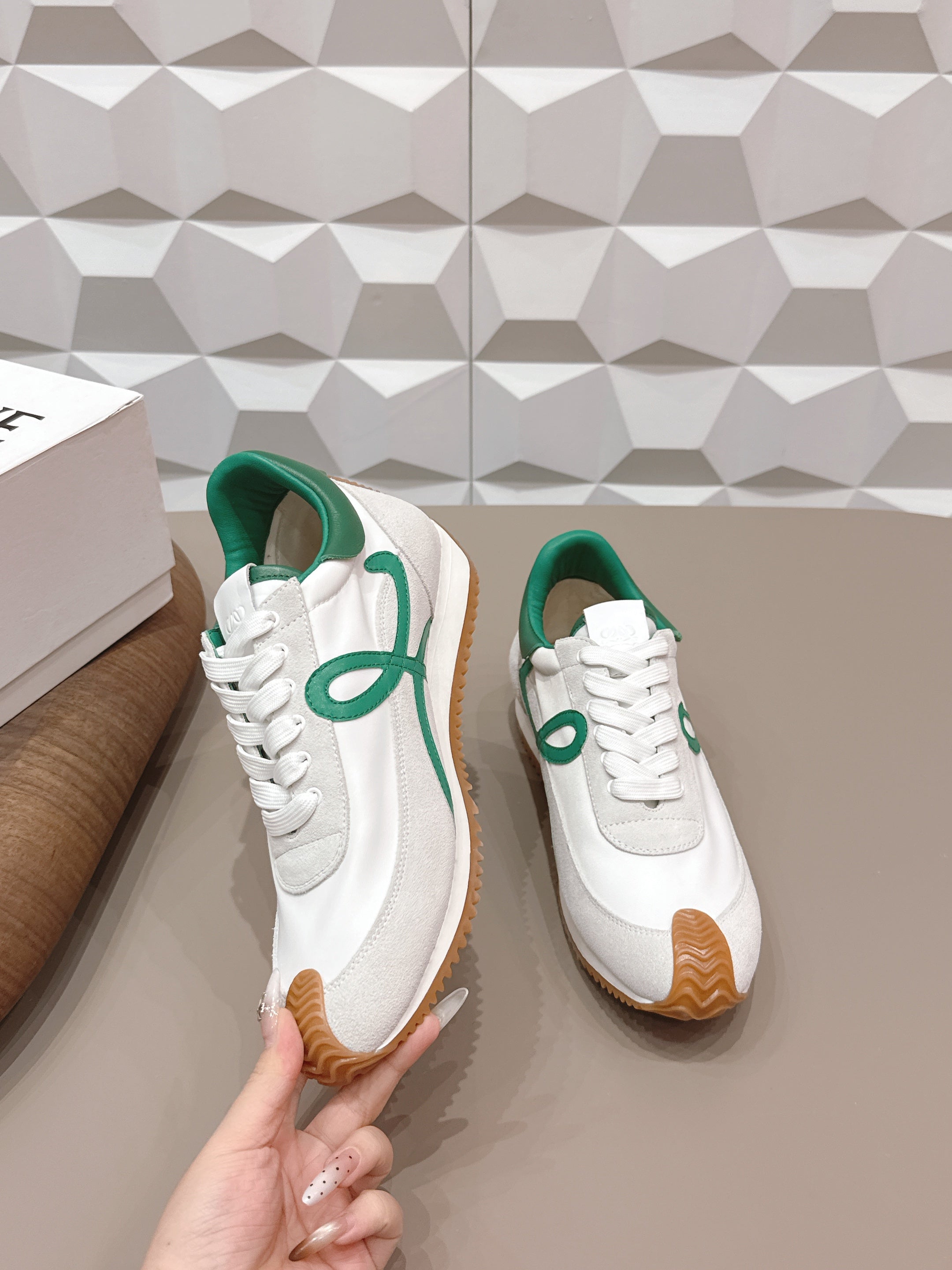 LOEWE 26S FLOW RUNNER SNEAKER IN WHITE SUEDE AND DEEP TEAL GREEN CALFSKIN