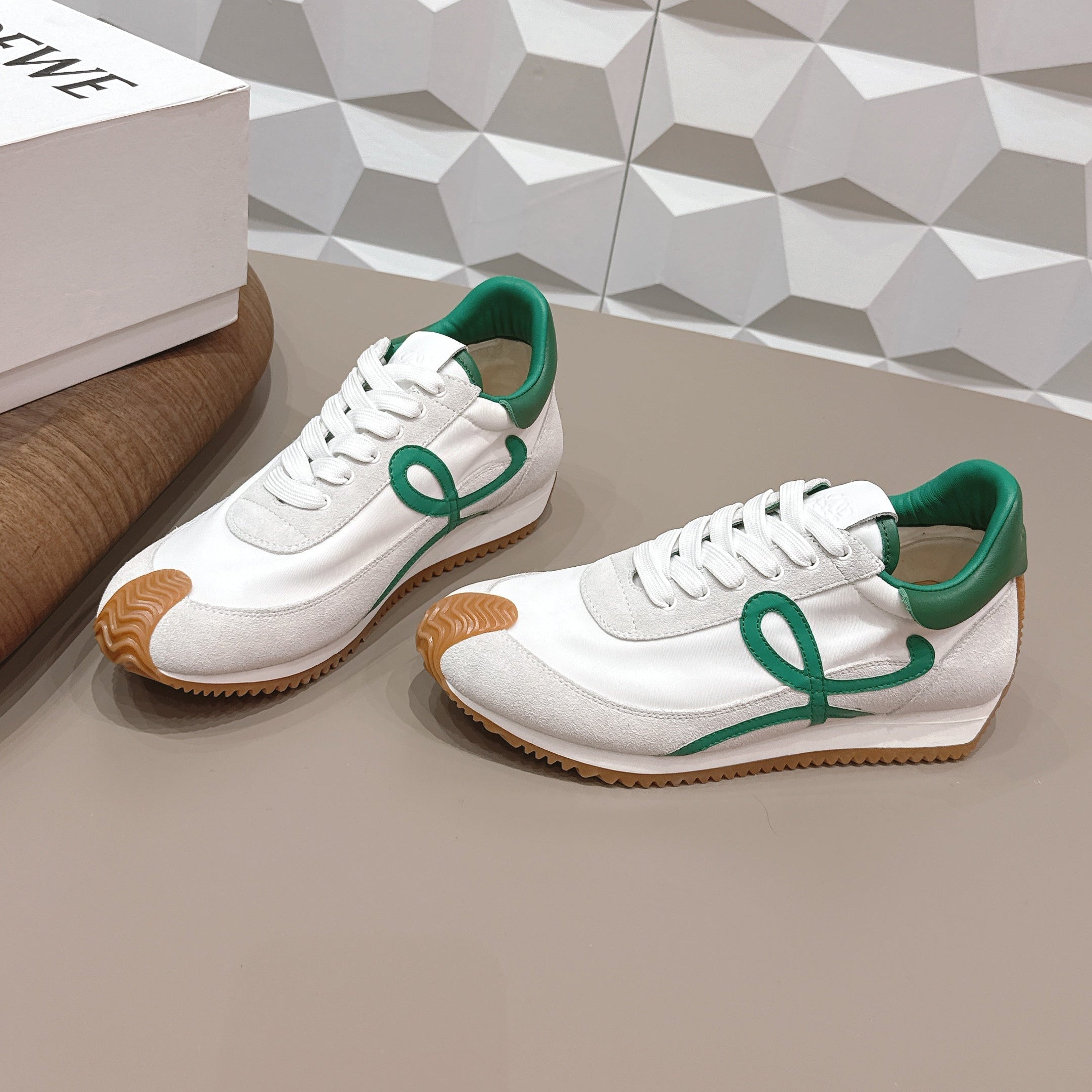 LOEWE 26S FLOW RUNNER SNEAKER IN WHITE SUEDE AND DEEP TEAL GREEN CALFSKIN