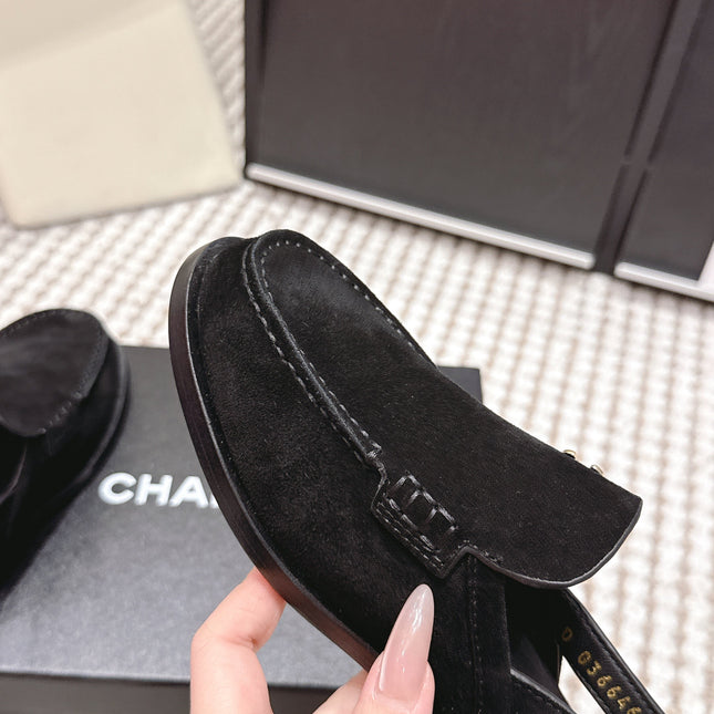 CHANEL 26S SLINGBACK LOAFERS IN BLACK SUEDE