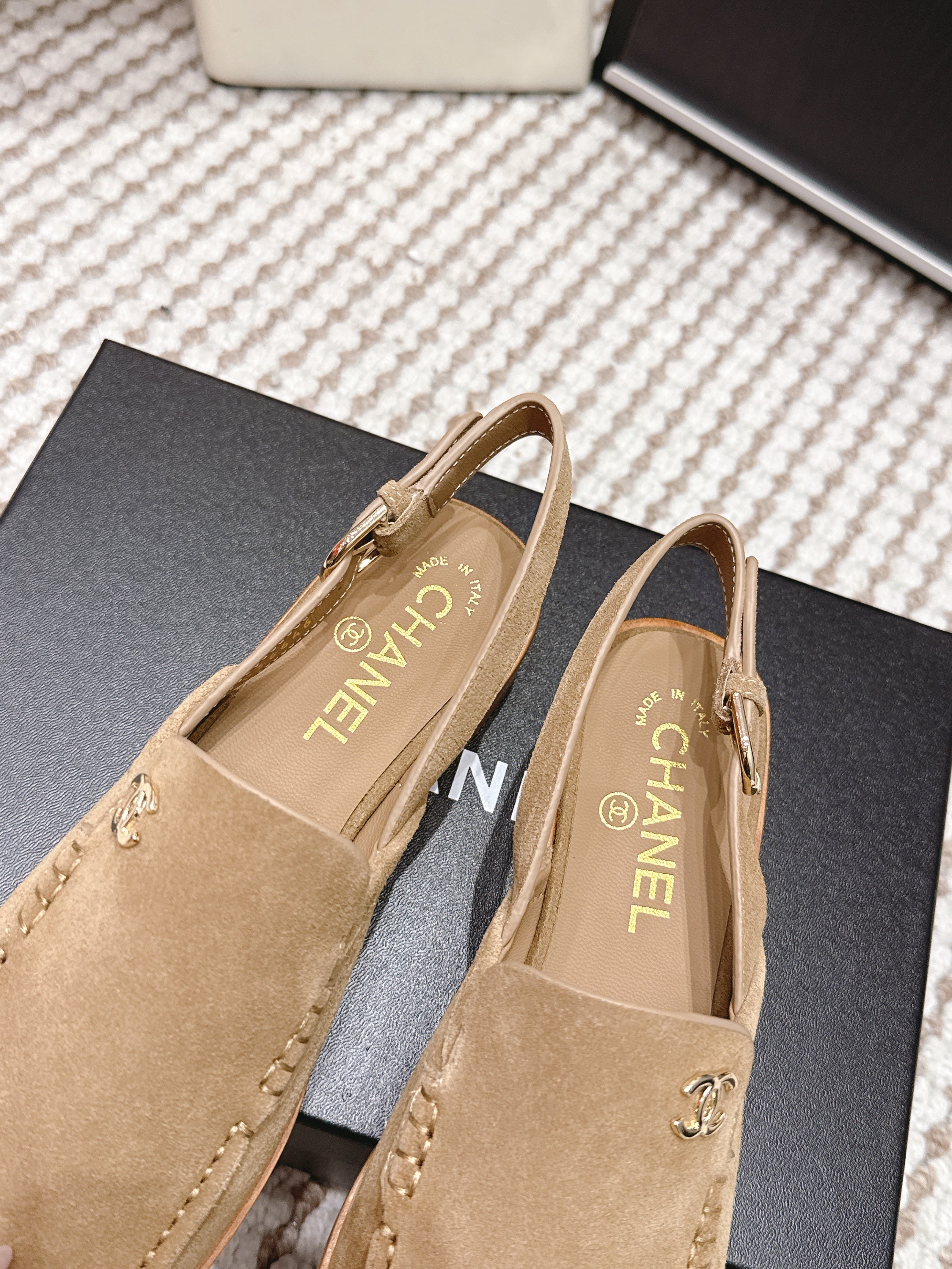 CHANEL 26S SLINGBACK LOAFERS IN LIGHT BROWN SUEDE