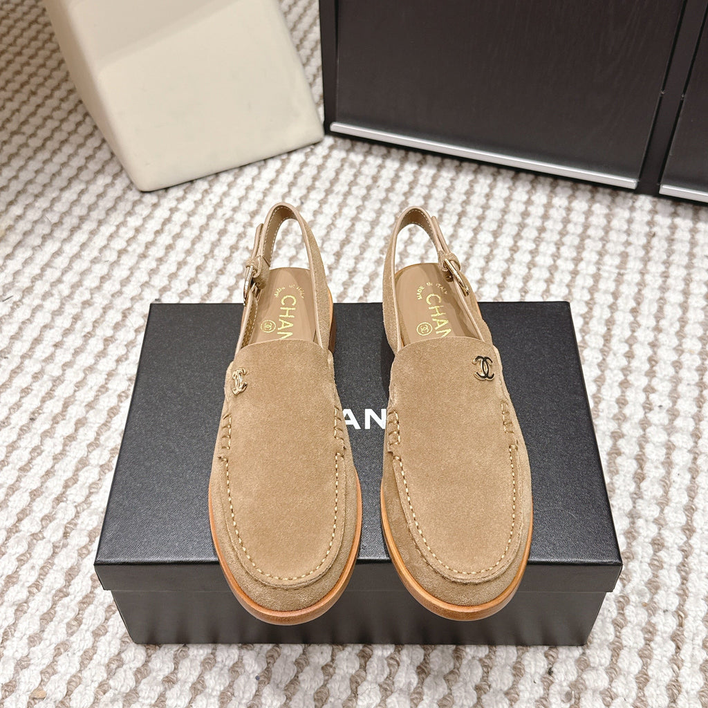 CHANEL 26S SLINGBACK LOAFERS IN LIGHT BROWN SUEDE