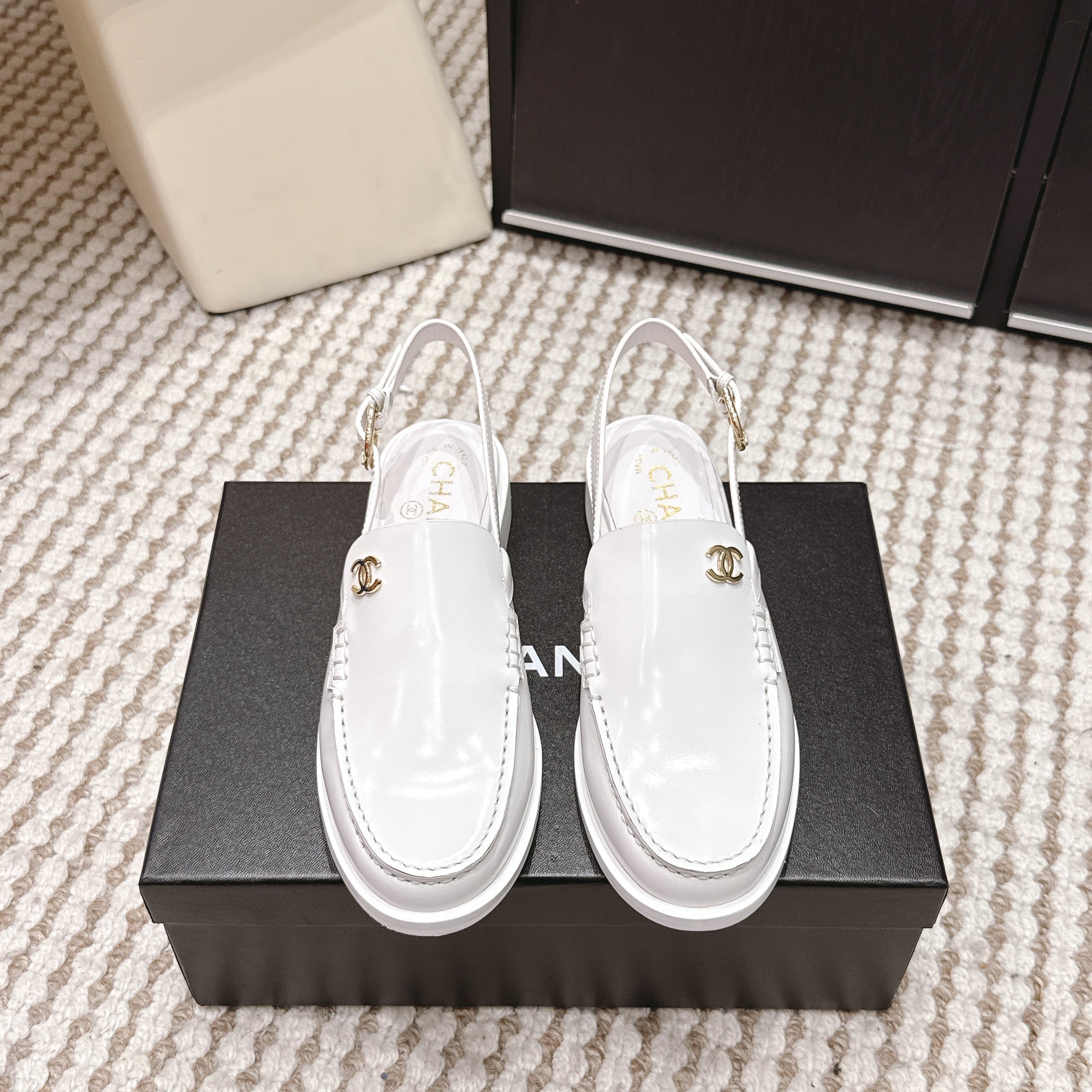 CHANEL 26S SLINGBACK LOAFERS IN WHITE GLOSSY CALFSKIN
