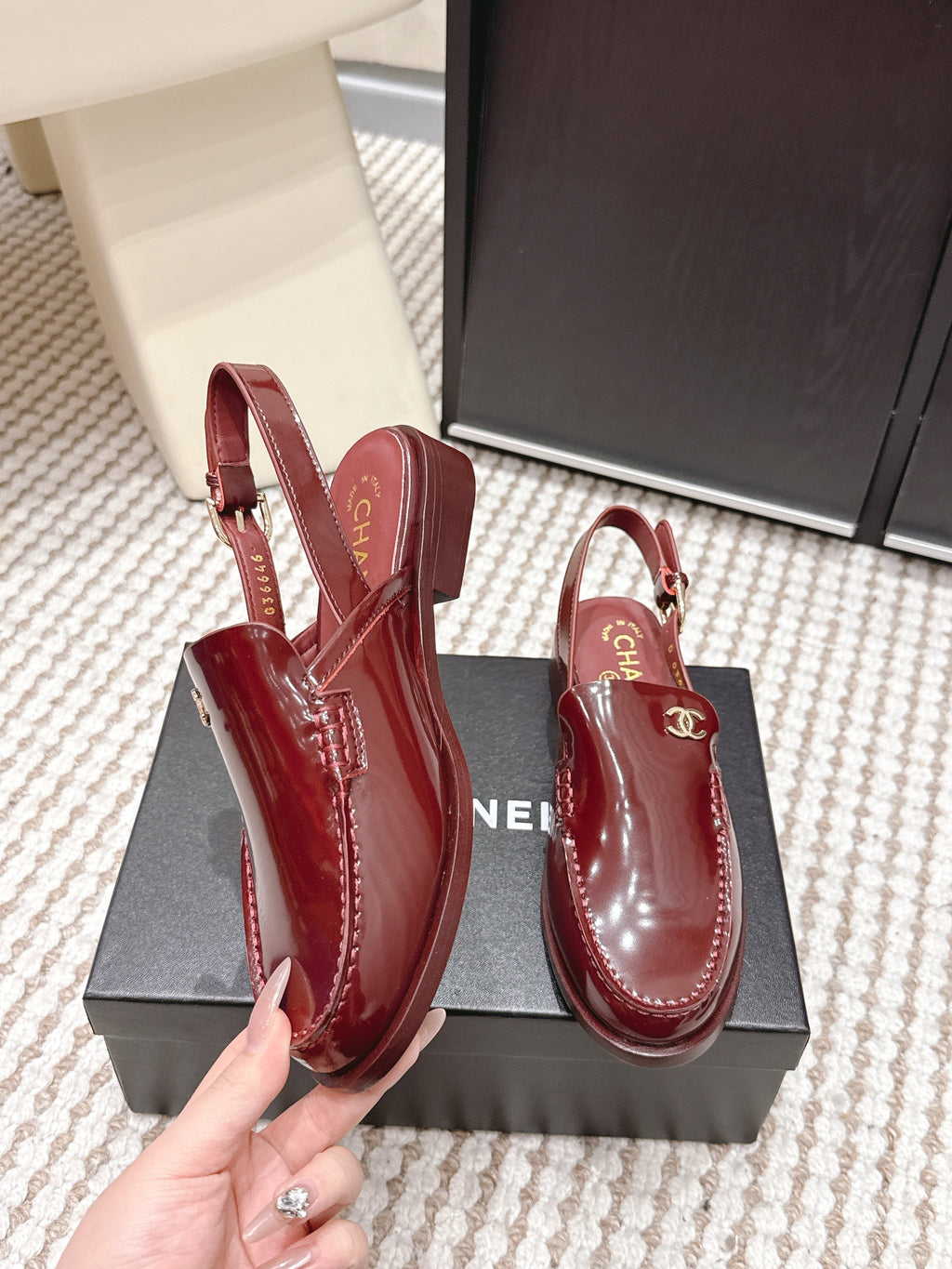 CHANEL 26S SLINGBACK LOAFERS IN DARK RED GLOSSY CALFSKIN