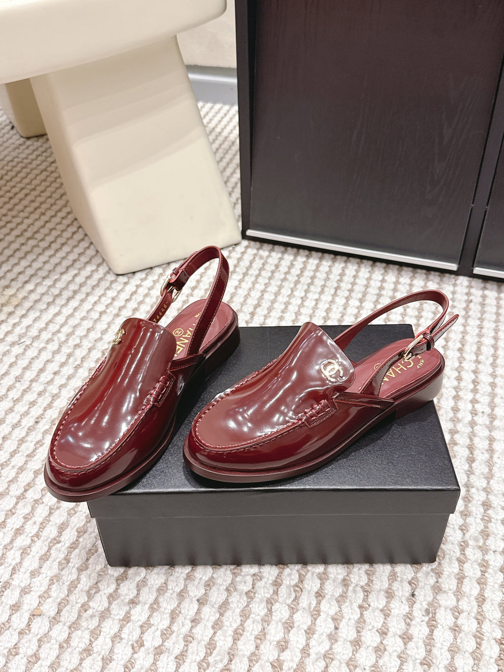 CHANEL 26S SLINGBACK LOAFERS IN DARK RED GLOSSY CALFSKIN