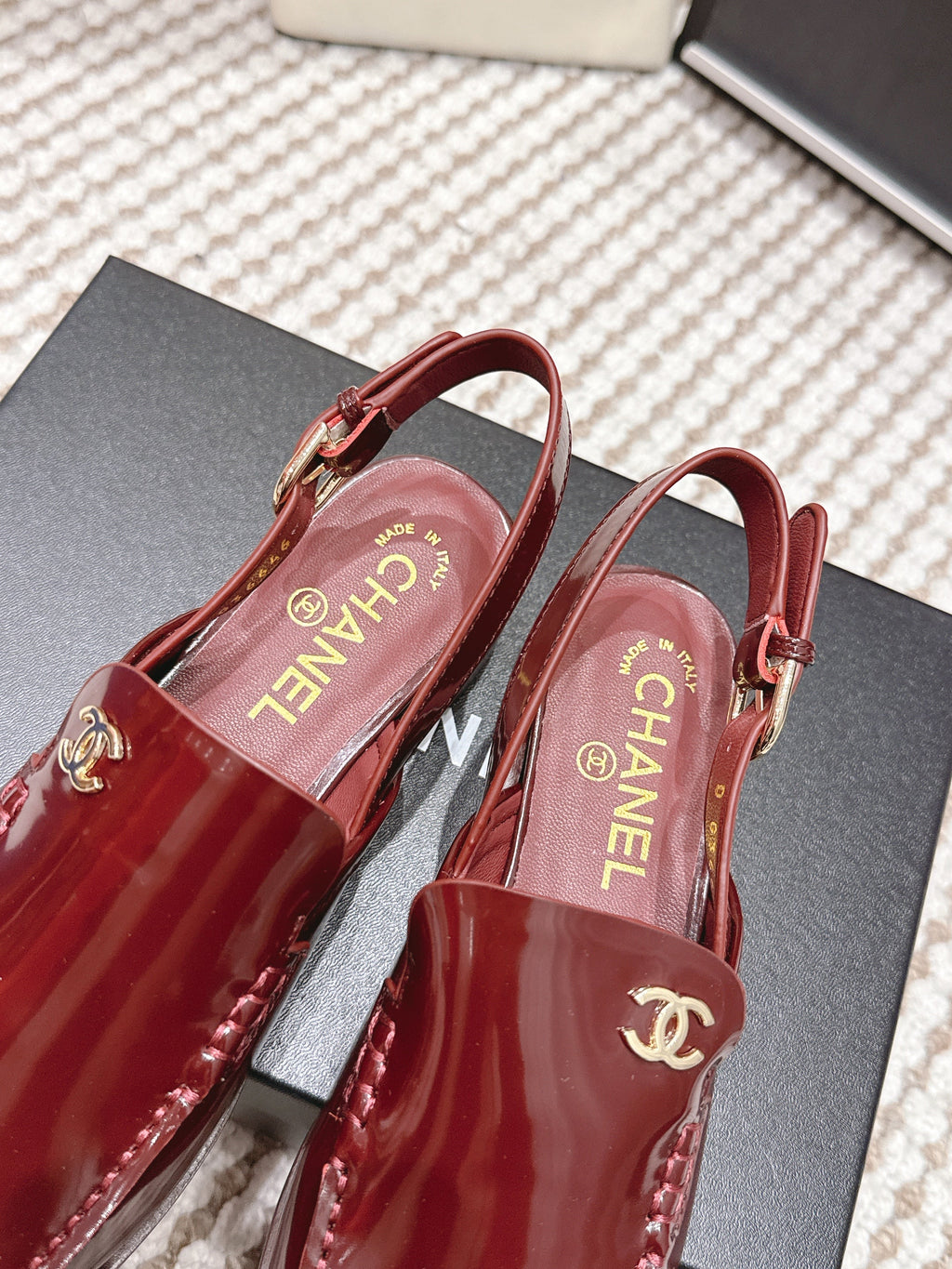 CHANEL 26S SLINGBACK LOAFERS IN DARK RED GLOSSY CALFSKIN